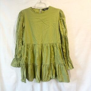 MISSGUIDED Green Tiered Ruffle Mini Dress Long Sleeve US 4 Cottagecore Boho